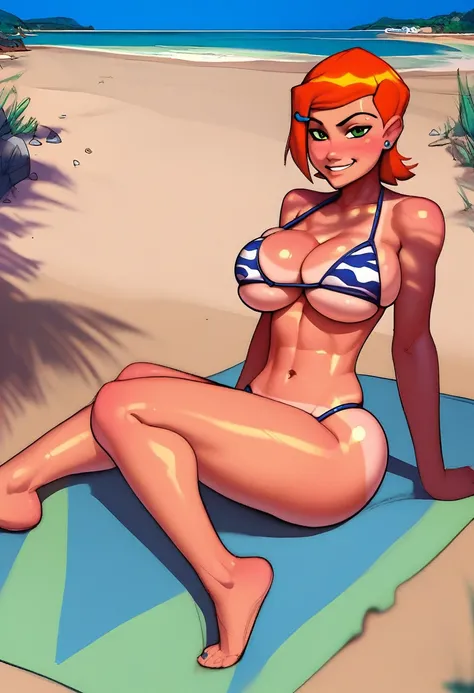 score_9, score_7_up, 1girl, solo, gwen tennyson, ben 10, large breasts, presenting, cleavage, bare shoulders, beach, depth of field, light smile, tanlines, underboob, skindentation, animal print, bikini