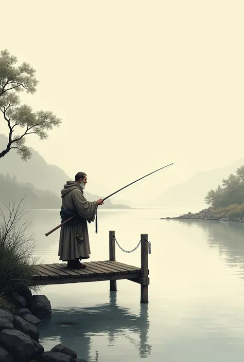 ink painting、River bank、Apostle Andrew was fishing from the pier... 、fishing pole, early morning, soft natural light