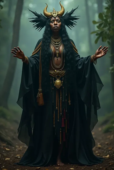 a voodoo african witch, golden eyes, macabre atmosphere, casting a spell, macabre atmosphere, (best quality,8k,highres,masterpiece:1.2),ultra-detailed,(realistic,photorealistic,photo-realistic:1.37),HDR,UHD,studio lighting,ultra-fine painting,sharp focus,p...