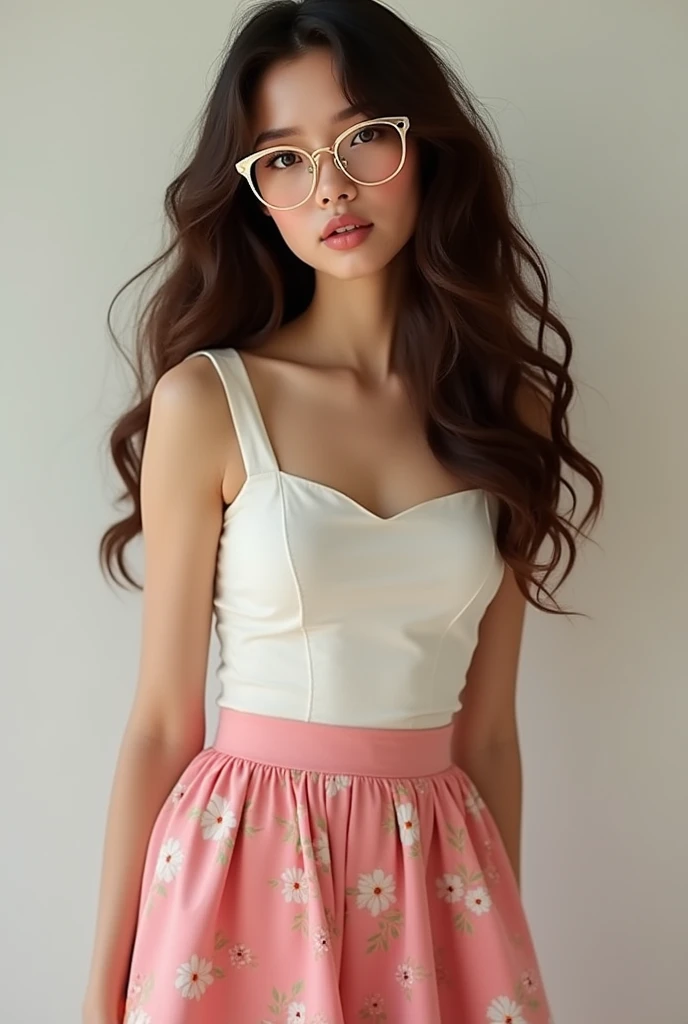  A brown-eyed girl, with dark brown hair, very long and curly, con cat eye glasses color dorado, wearing a white top with thick straps along with a long pink skirt with a print of small, lighter pink flowers