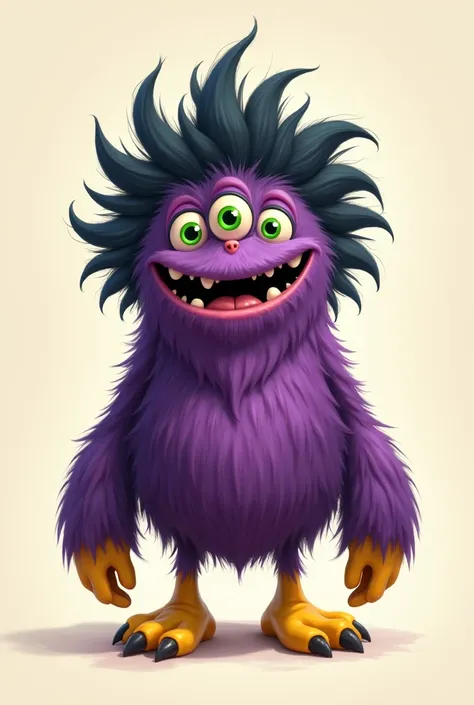 a friendly monster, he has a head with three green eyes and black hair, he has two arms one is shorter than the other, he has four legs, his feet are big and yellow, he has three toes on each foot. his whole body is purple.