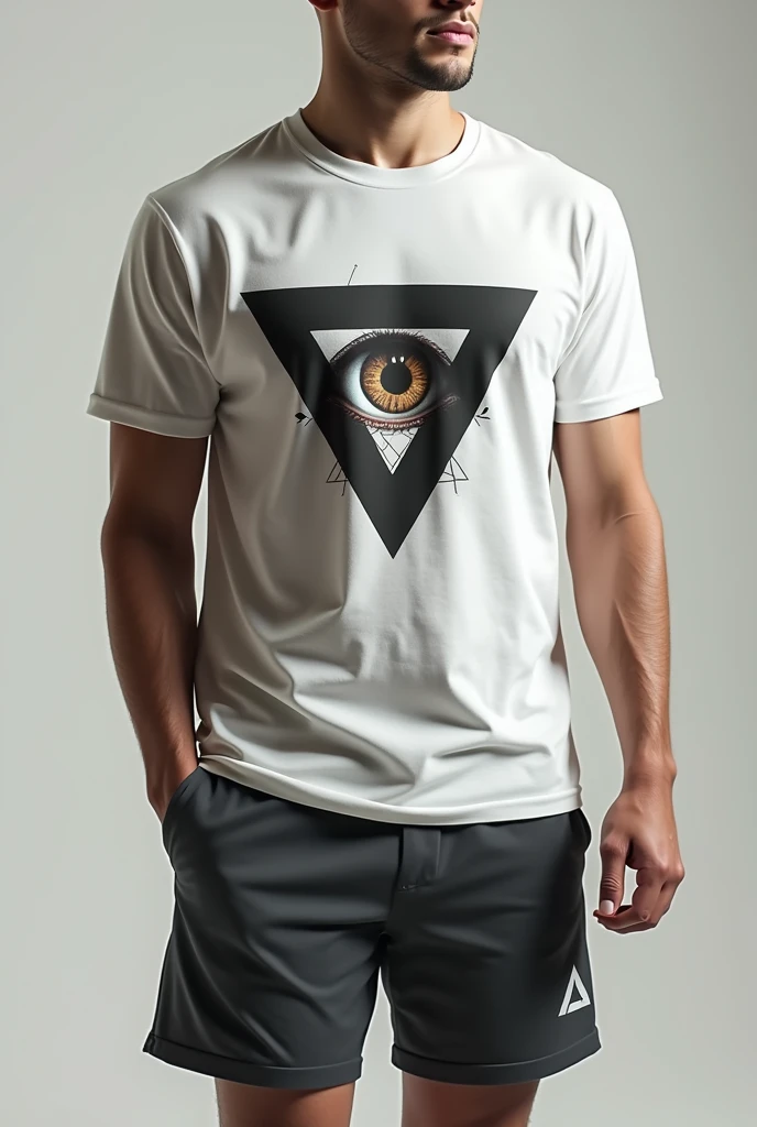 Round neck polo shirt and shorts design with a triangle and an eye in the center, that it is a unique and urban model and that young people like it when it is seen in 3D