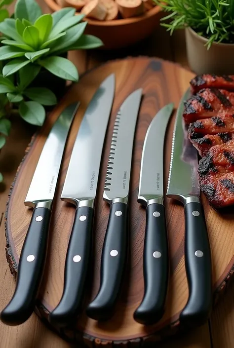 A set of black-handled barbecue knives on a wooden table, next to some decorative plants.