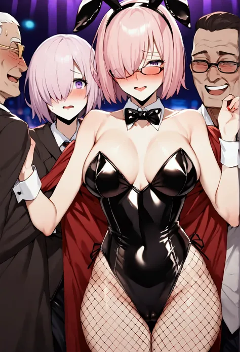 NSFW,masterpiece,Highest quality,High resolution,Very detailed,Mash Kyrielight(Fate/grandorder),short hair,Purple Eyes,Pink Hair,(Hair over one eye:1.2),Glasses,(Playboy Bunny),Fishnet tights,Nightlife,cyber punk,casino,(Lustful face),Embarrassed,Face in l...