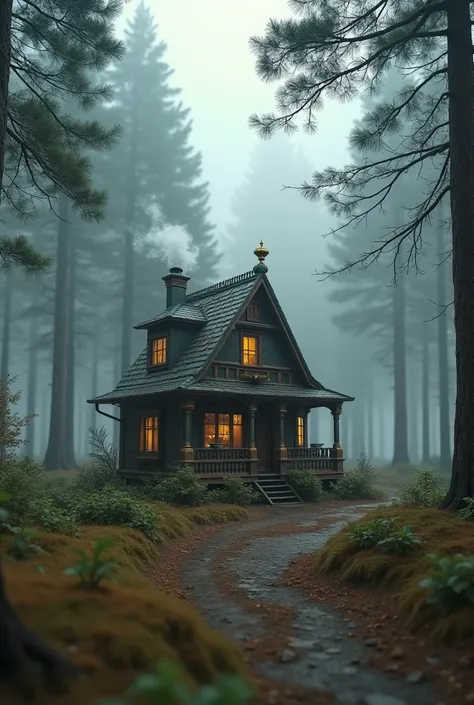 a small, well-finished and simple steampunk style house, in a very foggy pine forest