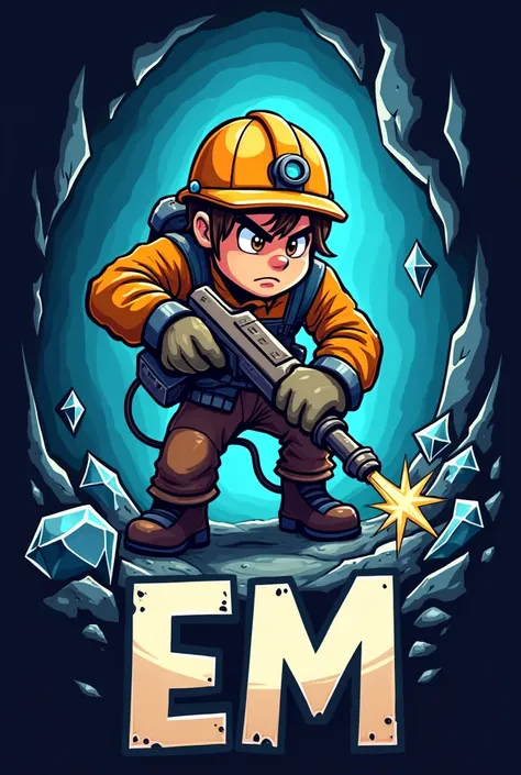 logo where I draw a young miner drilling in a tunnel and mineral crystals appear and with large letters EM