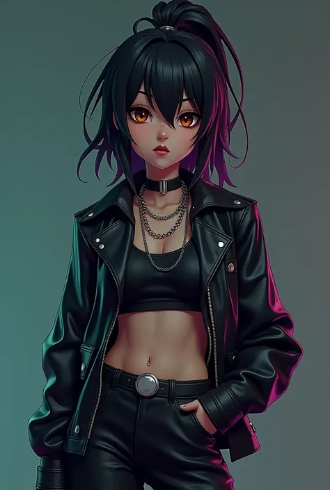 Create a full body anime style young female 3D character, representing the retro of the 90s, with dark purple tone, verde y azul oscuro que reflejen una figura enigmática y reserved; look as if challenging, serious and the eyes are angular; a posture that ...