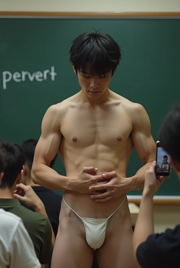 1boy、Cute handsome man、Japanese male, 、handsome man、Mash Hair、Completely naked、Full nudity、erection、Huge penis、Highest quality、Realistic、beautiful、Sad look、Cover your penis with both hands、In front of the blackboard in the classroom、Many students、完全Complet...