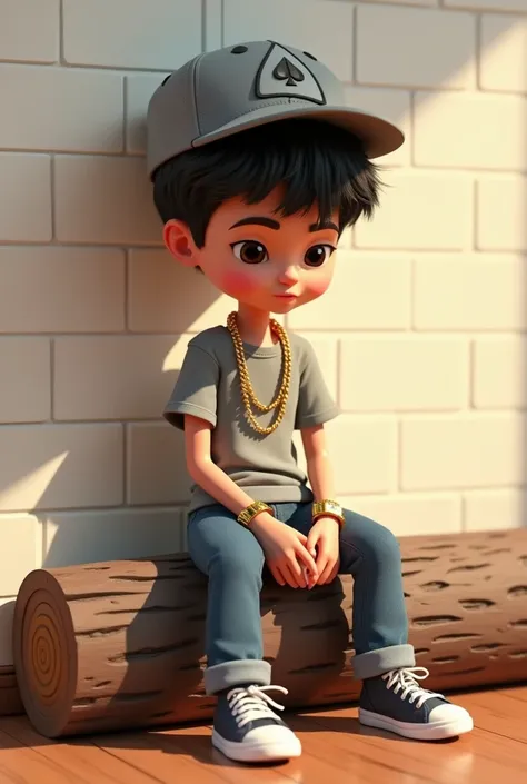 3d pixar type drawing skinny short hair dark brunette teenager ,gray cap with a spade suit design,with gold chain type cord rings on finger gold watch looking at the floor Nike chelena sitting on the instagram log . And on the background of the wall profil...