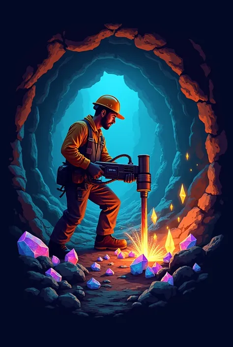 logo where I draw a miner drilling in a tunnel and mineral crystals appear and with large letters EM