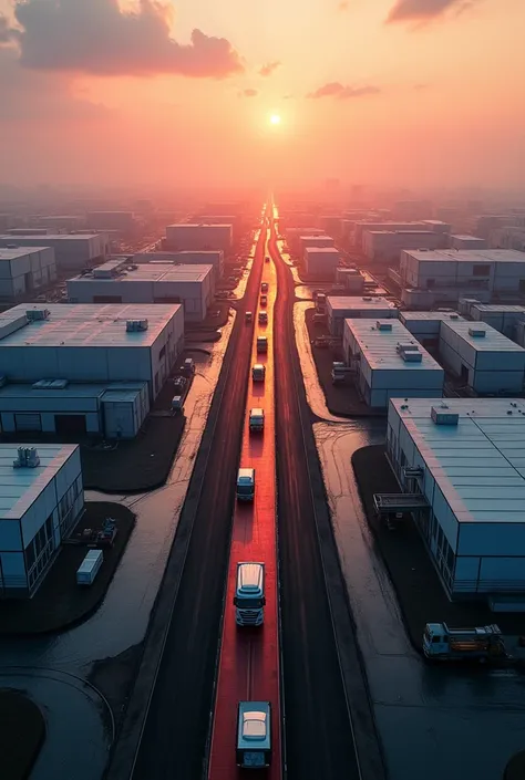 Create a drone shot of a factory farm, showing large buildings with warehouses and silos. Include trucks driving along the black and red path, with a sunrise sky in the background. The scene should clearly convey the scale and efficiency of a modern farmin...