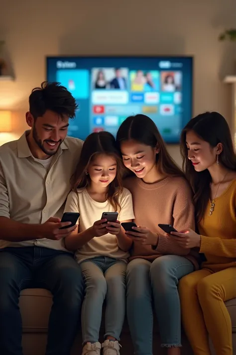 The same family, now in contemporary attire, each using a smartphone with the TV displaying a streaming service.