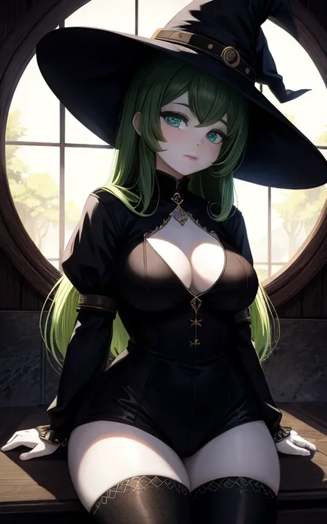 a white goat girl,witch,black long socks,lucky short tight black,woman,big butt,big thighs,small breasts,green hair and eyes,ultra-detail,detailed face and eyes,beautiul detailed eyes,beautiful detailed lips,extremely detailed eyes and face,long eyelashes,...