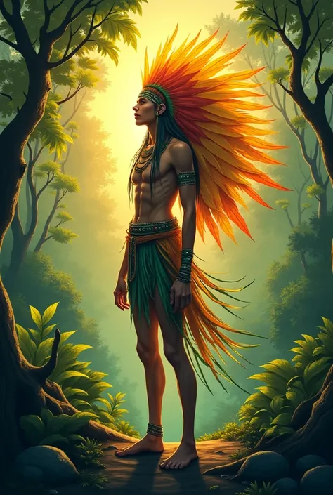 An illustration of the entity Caboclo do Sol, that is inside the forest, He is an Indian, that it is daytime and preferably that the sun is behind it, I have a crest of medium-sized yellow feathers for you, orange, red and green so that the sun illuminates...