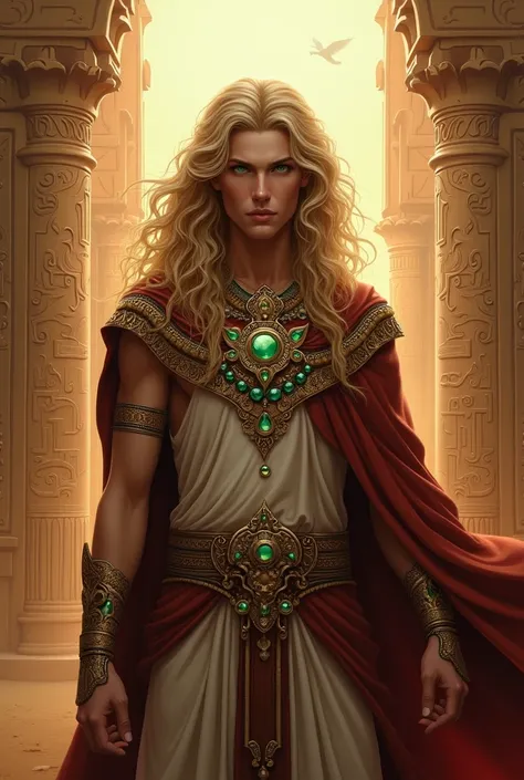 a fair-skinned Egyptian king,blonde curly hair,and green eyes 