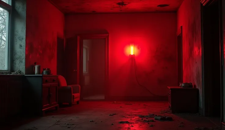 a red alarm inside a room of an old house being triggered