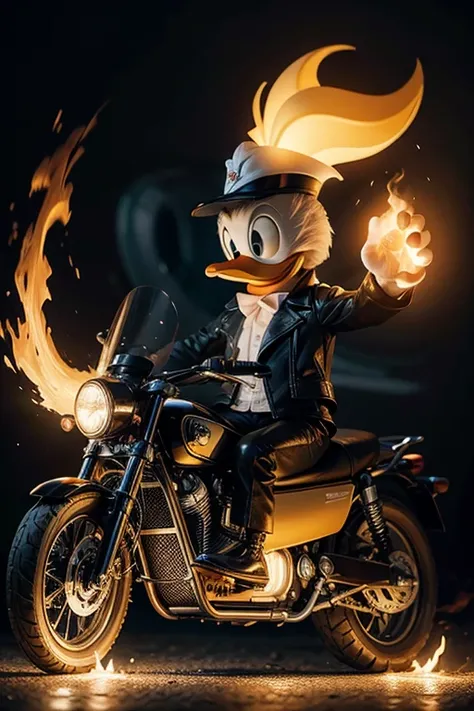 Donald Duck dressed as a ghost rider
