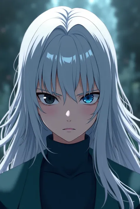 high quality, 8K Ultra HD, Naruto anime style character, , female, silver long hair, Eyes with heterochromia, left black and right blue, white skin, with serious or angry expression