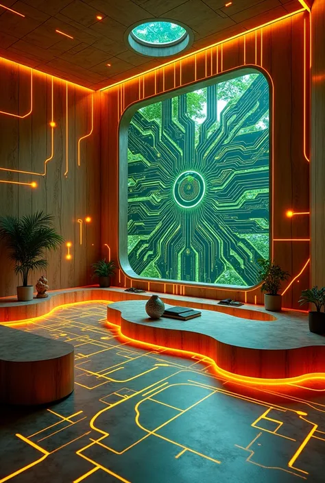 Imagine an interior space that incorporates the design of a circuit board. Design elements featuring circuit patterns, But these patterns are stylized with fluorescent colors and textures that imitate materials such as wood.. Circuit lines are rigidly inte...