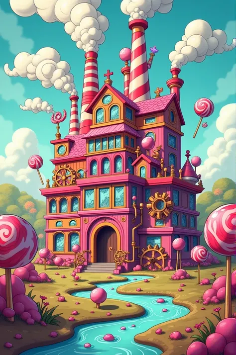 a big candy factory from the outside cartoon style 