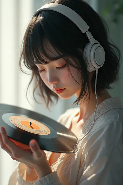 Japanese woman using headphones , Realistic anime, holding vinyl record .