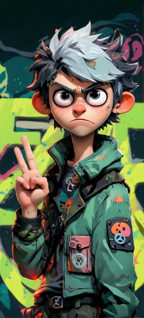 a close up of a person with a peace sign on their hand, cartoon character, 2 d gorillaz, gorillaz style, animation character, peacefull, hippy, 2 d from gorillaz, 2d from gorillaz, lil peep, peace and love, inspired by Eiichiro Oda, 3 d character, 3d chara...