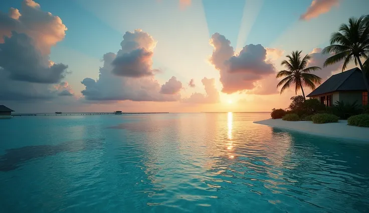 a breathtaking epic vista of the sea from a hotel in the Maldives, highly detailed, photorealistic, 8k, cinematic lighting, dramatic clouds, crystal clear waters, luxury hotel, overwater bungalow, palm trees, tropical paradise, warm lighting, atmospheric, ...