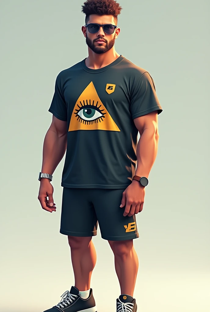 Round neck polo shirt and shorts design with a triangle and an eye in the center, that it is a unique and urban model that can be seen in 3D, that references current fashion and is eye-catching to sell 