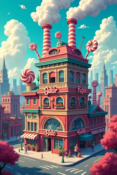 a large candy factory on an urban lot from the outside cartoon style 