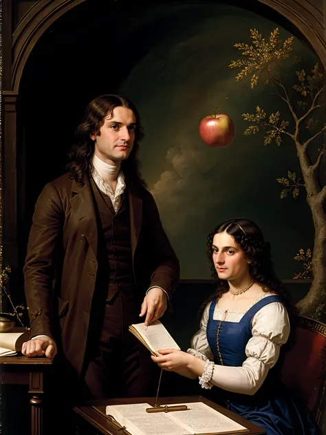  three scientific: Isaac Newton with a scientific woman a scientific man both from same height with latin american brown skin standing watching an apple fall from a tree, the woman and the man are facing to the camera, both are physics professors, taking n...