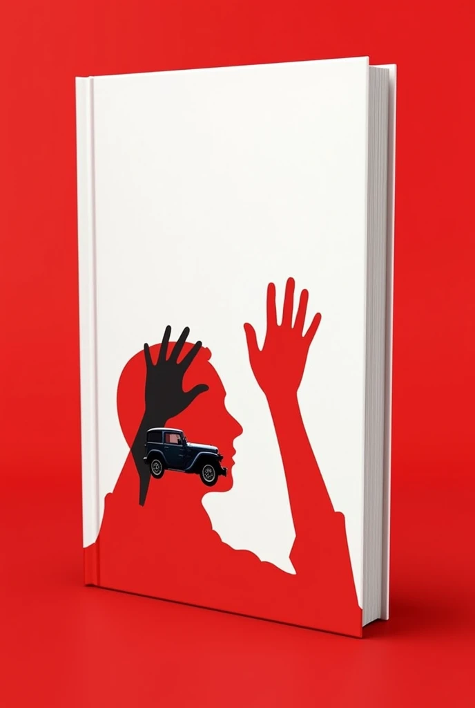 A simple book cover , of the red background and with the shadow of hands on the white background and with the black shadow of a combi