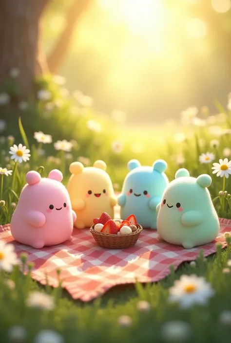 A group of plump, marshmallow-like creatures with stubby legs and tiny, smiling faces are gathered around a tiny picnic blanket. Each marshmallow has a different pastel color—pink, blue, yellow, and mint green. They are sharing a tiny basket of equally cut...