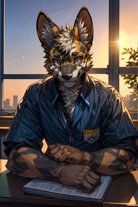 masterpiece,High quality,furry,(African wild dog lying down at a desk by the window of a classroom),school uniform,dusk,School,classroom,perfect background,one person