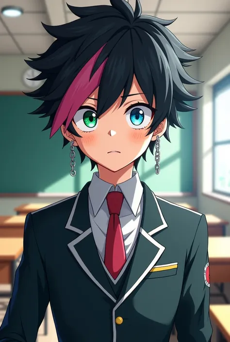 Anime avatar of a teenage boy with Boku no Hero Academia uniform, black hair with pink streaks, one green and one crystalline blue eye, chain earrings, in a classroom background in the style of anime 