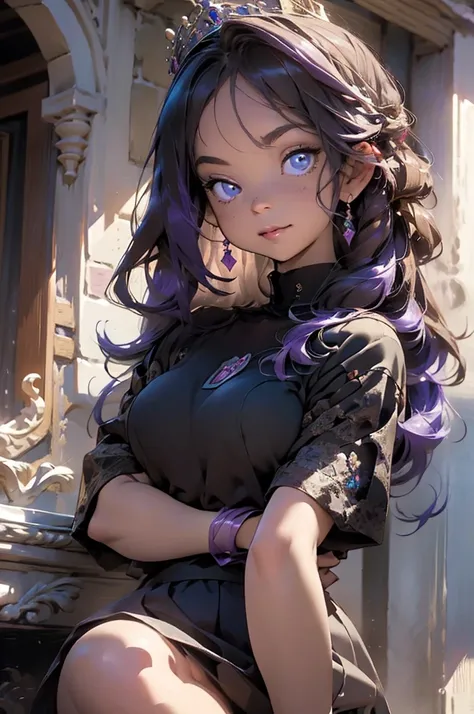 Purple haired woman with black horns, lavender skin, fuchsia pink eyes (Medieval style queen clothes and shiny crown) , elegant pose, looking to the camera, sitting in an elegant chair, carrying a one year old male baby, purple hair, RAF blue eyes, hugging...