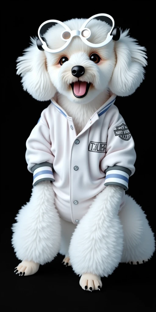 Perfect Center, Cute Toy Poodle, Wearing a student team jacket,riding a harley davidson, Wear sunglasses, Use headphones, Cheerfulness, Standing posture, Abstract Beauty, Centered, Looking into the camera, In front of the camera, Near perfect, dynamic, Ver...