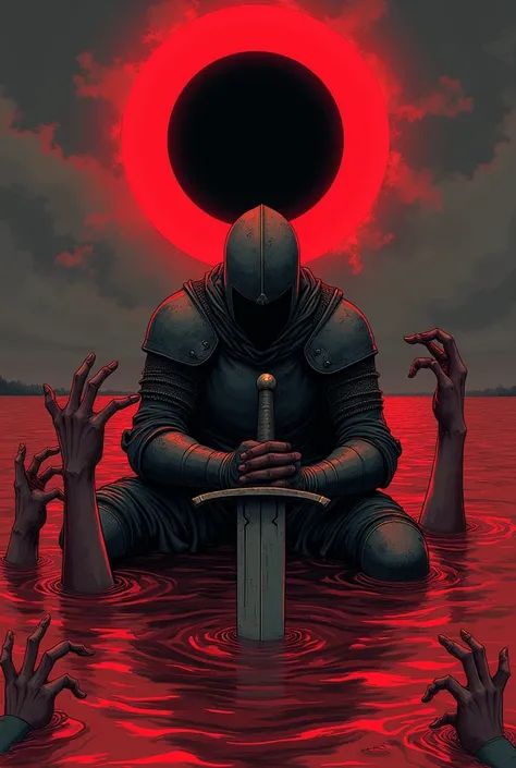 Draw a knight kneeling in a red sea leaning on his sword with several hands holding him in the sea with an eclipse in the background.. Dark cartoon anime style drawings