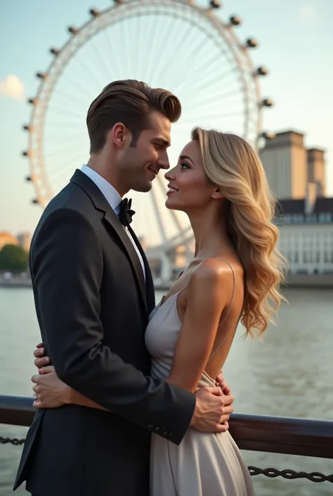 A couple hugging in front of the London Eye,  taking a profile selfie man brown hair and eyes, with old money style haircut, blonde woman with green eyes 8k ultra realistic photorealistic 