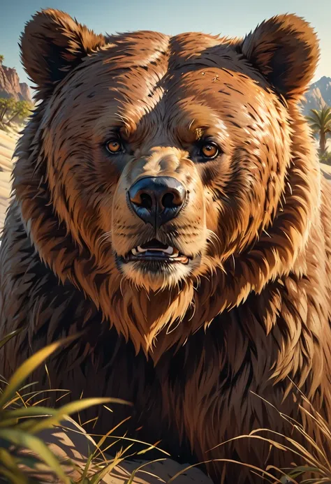 brown bear, very scary, wild, realistic rendering, desert island, wilderness,extreme detailed, incredibly detailed, highly detailed animal fur, extremely detailed face, intricate details, photorealistic, 8k, high resolution, masterpiece, professional, cine...