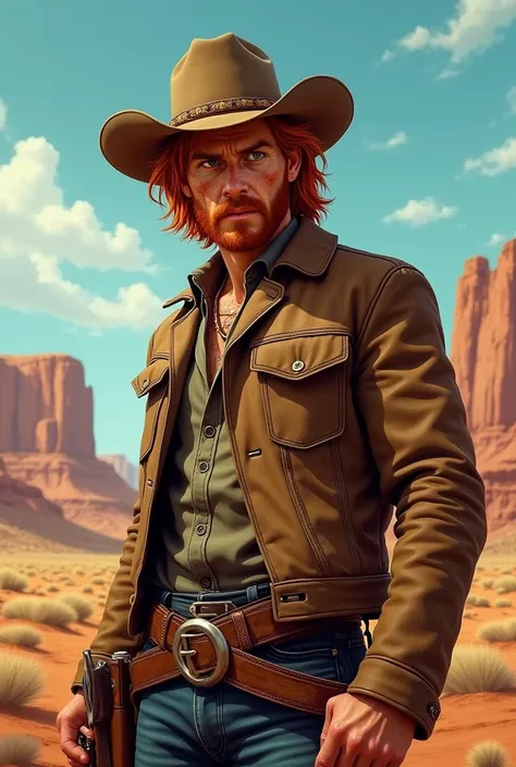 Red-haired cowboy, with shoulder-length hair, no beard, green eyes and freckles 