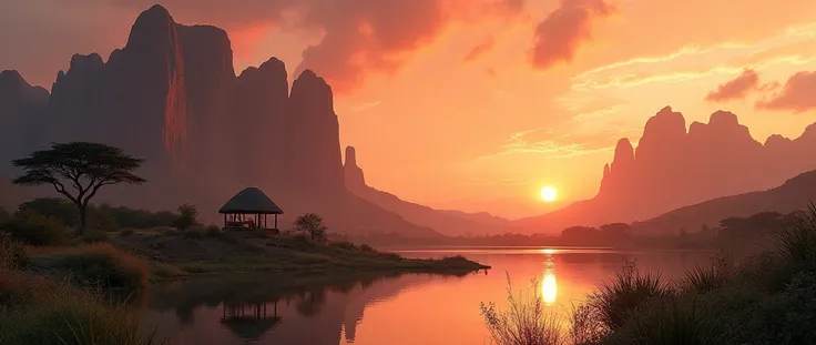 a breathtaking african wilderness scene, serene lake, tiny african hut, dramatic cinematic lighting, imposing rocky formations, beautiful sunrise, vibrant colors, realistic, photorealistic, HDR, UHD, studio lighting, extremely detailed, professional, vivid...