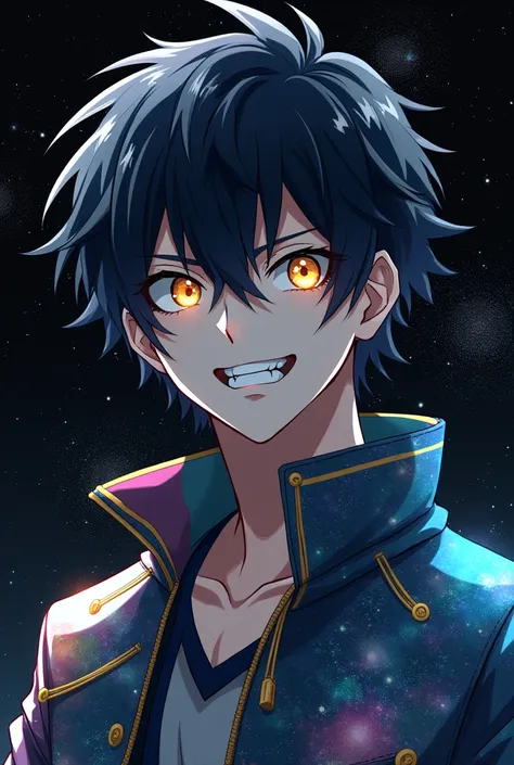 anime boy with black hair, white skin, and space theme jacket black void with stars, golden eyes, sharp teeth