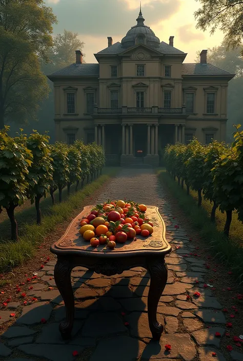 outside an abandoned mansion, first person perspective with a pistol, garden with vineyards on the floor finds a fruit banquet on a table, dusk weather