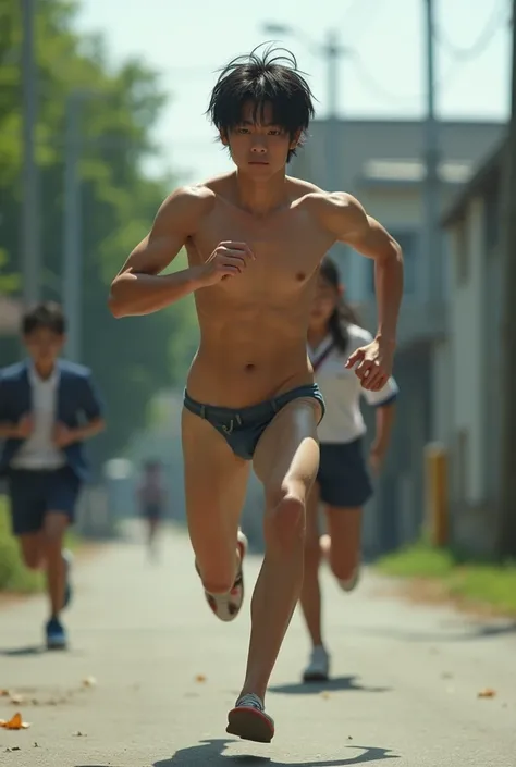 1boy、Cute, handsome, 1 man、Japanese male, 、handsome man、Mash Hair、Completely naked、Full nudity、erection、Huge penis、Highest quality、Realistic、beautiful、Sad look、Photorealism、Running in the schoolyard、A student in uniform with a smartphone follows behind.、完全...