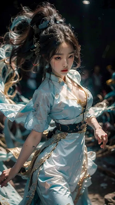 shining star,A beautiful oriental girl,Single ponytail,Dragon Horn,Big breasts,thin waist,white skin,Perfect proportion,Wearing a dance dress,8k,The focus of the audience,Lighting effects,Super details,