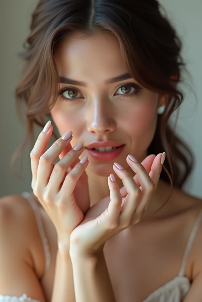 A feminine and pretty woman showing off freshly done nails 