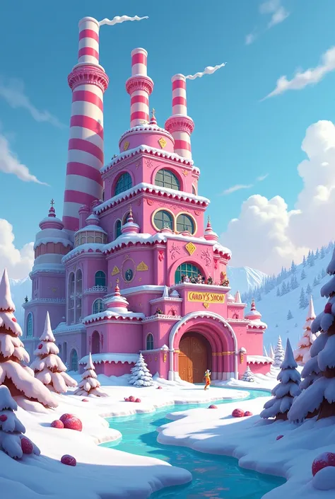 a gigantic modern candy factory called "Candys Show" on a snowy terrain outside cartoon style 