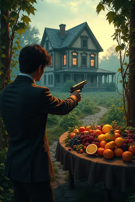 outside an abandoned mansion, FIRST PERSON POINT with a pistol, garden with vineyards on the floor finds a fruit banquet on a table, dusk weather