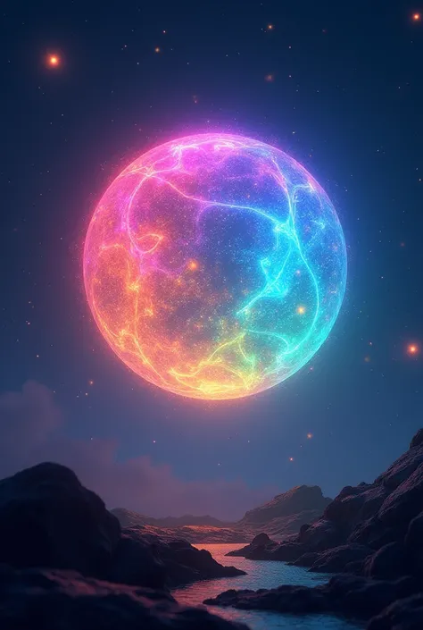 a rainbow-colored sphere of light in the night sky 