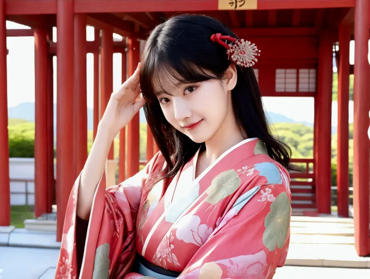 Red base, Stretch your hands up, Cute crying face, Laughs and Tears, 最high quality、high quality、Best image quality、8k、最High resolution、High resolution、temple, Realistic photos, Healthy body, Beautiful Eyes, Flowing black hair, Colorful kimono, Calm express...